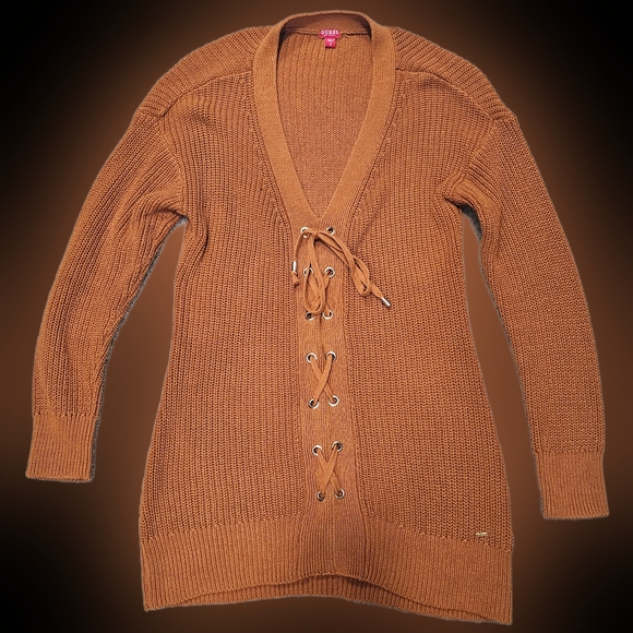 Guess Sweaters - Guess Knit Sweater Women S Burnt Orange Pullover Lace Up